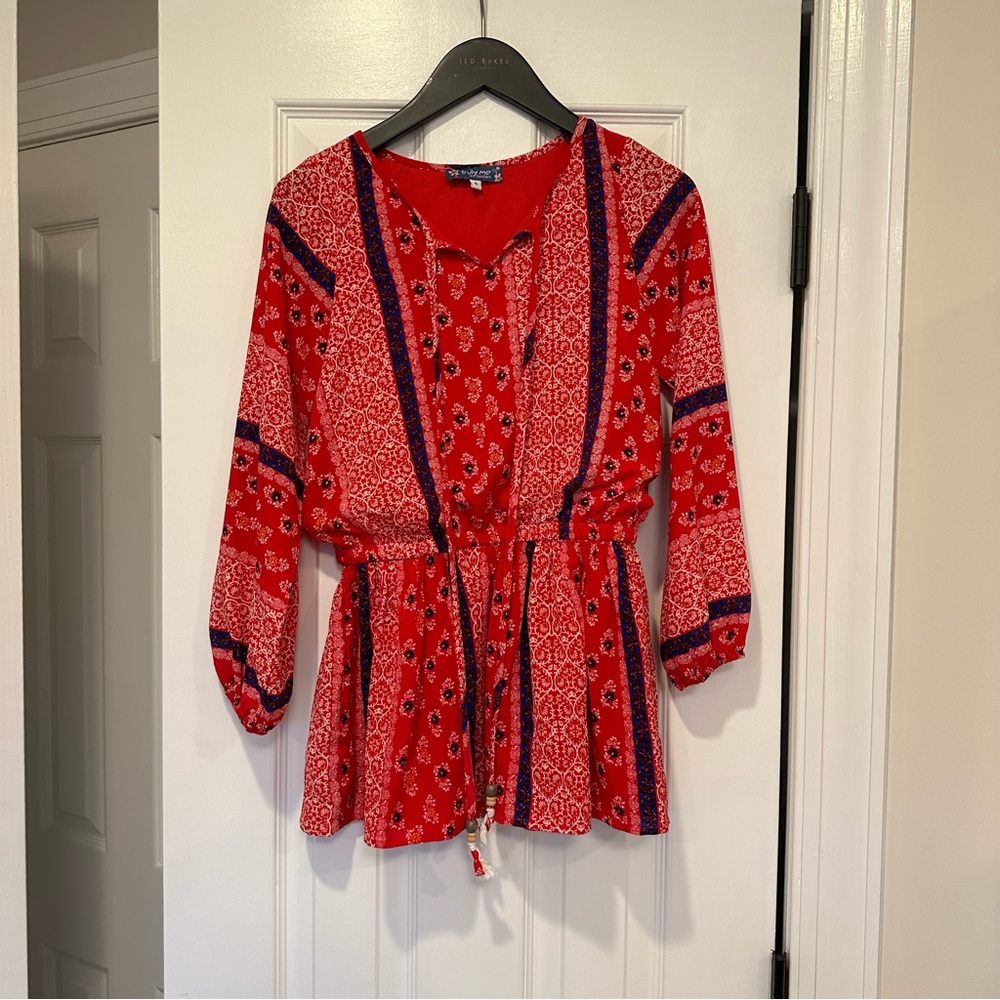 Truly me Sara Sara dress tunic red print size 8 boho long sleeve